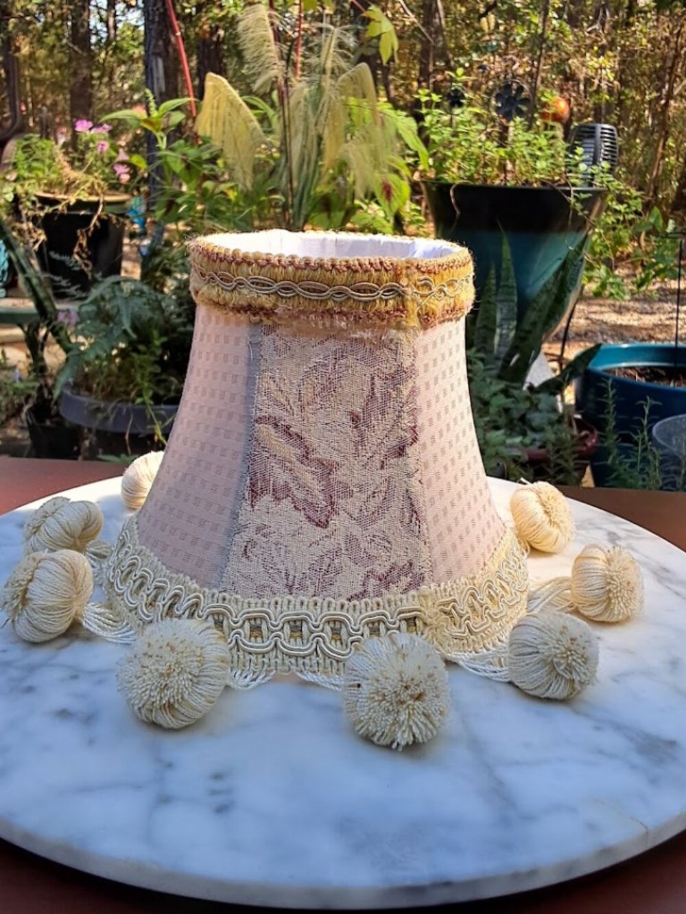 Vintage Small Fabric Lamp Shade Floral Damask Pomo Pom Tassel Fringe